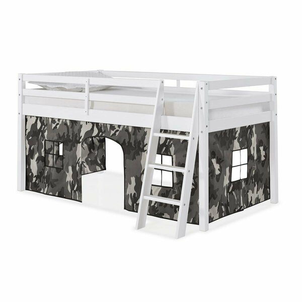 Kd Cama De Bebe Roxy Twin Wood Junior Loft Bed with White with Gray Camo Tent KD3250842